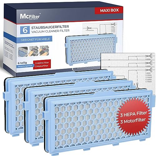 McFilter | 3 filtres HEPA + 3 filtres moteur (découpables) adaptés aux aspirateurs Miele GN série S4 S5 S6 S8, Complete C2, Compact C1/C2, S8340 | MAXI BOX