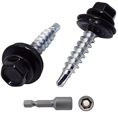 Marcopol (Förpackning med 150 st) Takskruvar i metall, 4,8 x 25 mm målade självborrande skruvar med EPDM-brickor, plåtskruv (150, kolsvart RAL 9005)
