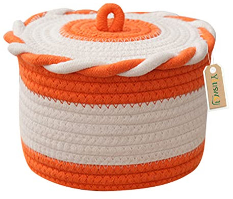 Yiuswoy Kleiner Aufbewahrungskorb Baumwollseil Geflochtener Körbe mit Deckel Deko Regalkorb für Kinderzimmer, Wohnzimmer, Schlafzimmer, D16 x H11 cm, Orange