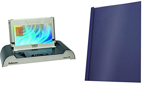 Fellowes 5641001 Büro Thermobindegerät Helios 30 platin/schwarz & Pavo Thermo-bindemappen A4, Rückenbreite 4 mm, 25-er Pack, 31-40 Blatt, blau
