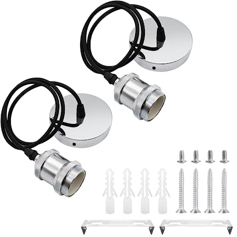 2 Stücke E27 Lampenaufhängung Metall Vintage Lampenfassung Retro Hängeleuchte Pendelleuchte mit Kabel Höhenverstellbar 100cm Textilkabel für Deckenbeleuchtung DIY Wand Deckenleuchte (Silber)