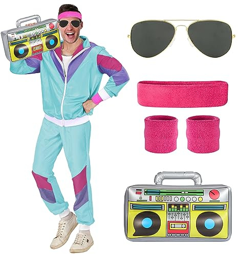 BIQIQI Costumi Anni '80 Anni '90 Uomo Donna, Costume da Tuta Anni '80 Tuta retrò con Occhiali da Pilota Fascia per Polsini Gonfiabile Boom Box, Costume Anni '80 per Feste di Carnevale Halloween (M)