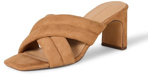 Amazon Essentials Women's Crossover Block Heeled Mules Sandal with Padded Straps and Memory Foam Insole, Tan Faux Microsuede, 9