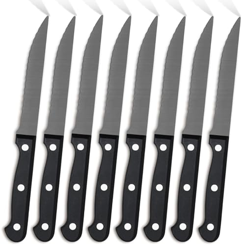 Pleafind Lot de 8 couteaux à steak en acier inoxydable - Couteaux à steak tranchants avec lame dentelée - Couteau de table noir - Couteaux de table - Couverts à steak - Passe au lave-vaisselle