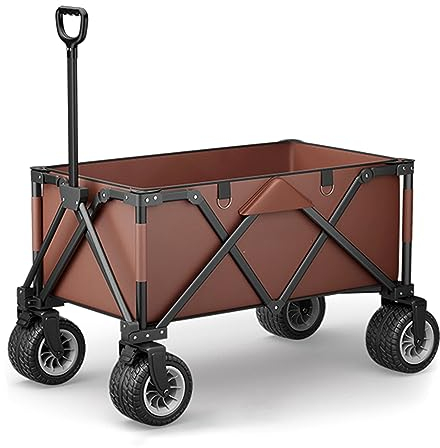 WRJAHCG Hellbraun Bollerwagen Faltbar,Faltbar Garten Transportwagen Verstellbarem Griff Klappbares Tischbrett Offroad-Räder Mit Bremsen Campingwagen Tragfähigkeit 150 Kg