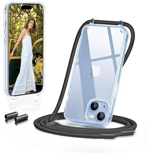 GOODVISH Handykette für iPhone 15 Hülle mit Band Transparent, Schwarz | Kameraschutz und Bildschirmschutz, Necklace Handyhülle mit Schnur Schutzhülle für zum Umhängen Case 15 mit Kordel 6.1