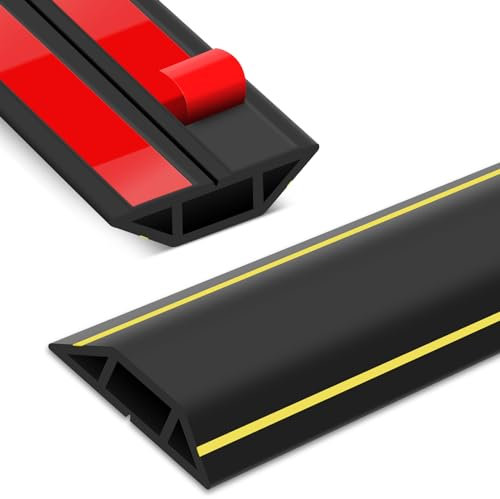 Protection de câble de sol auto-adhésive pour câbles, 2 m - Couverture de câble en PVC pour bureau, usines, garages - Cache-cordons flexible sur le sol et le mur - Noir