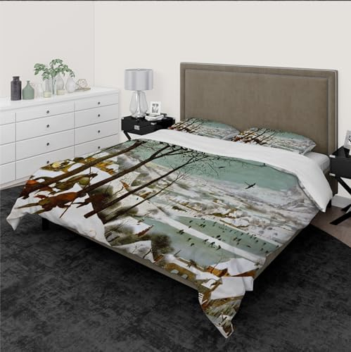Pieter Bruegel der Ältere King Size Bettwäsche Set 3-teilig Hunter in The Snow Schlafzimmer Bettwäsche-Set mit 2 Kissentüchern 4 Krawatten Reißverschluss 230 x 230 cm