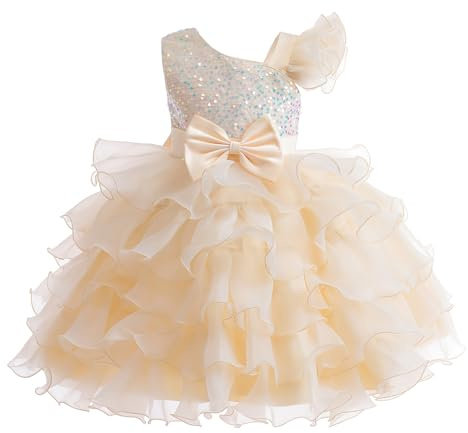 Miipat Flickklänning, enaxlad, paljetter, prinsessa, ärmlös, blomsterflicka bröllop klänning tutu volanger, barnklänningar för fest och födelsedag, champagne, 5-6 År