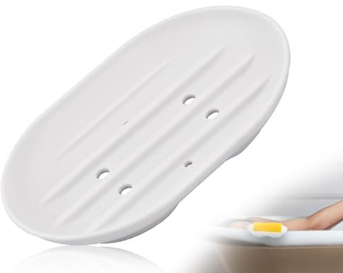 KAPSING Seifenschale Silikon, Ovale Seifenschale Silikon mit Ablauf, Seifenablage rutschfest und Robust, Seife Schale für Badezimmer Dusche Küche Zähler(Weiß)