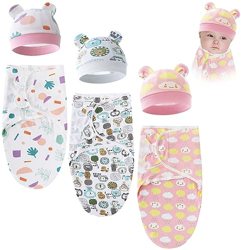 3er Pucksack Baby 0-3 Monate, Unisex Baby Wickeldecke Baby Schlafsack mit Mütze, Pucksack aus Baumwolle für Neugeborene,Baumwolle Swaddle Decke für Neugeborene Babys, Unisex, 70x50cm