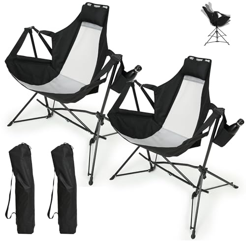 Villeston Hammock Folding Camping Chair - Outdoor Portable Swing Camp Chairs Set of 2 with Stand Adults Rocking Swinging Chair for Beach Lawn Patio (Black)