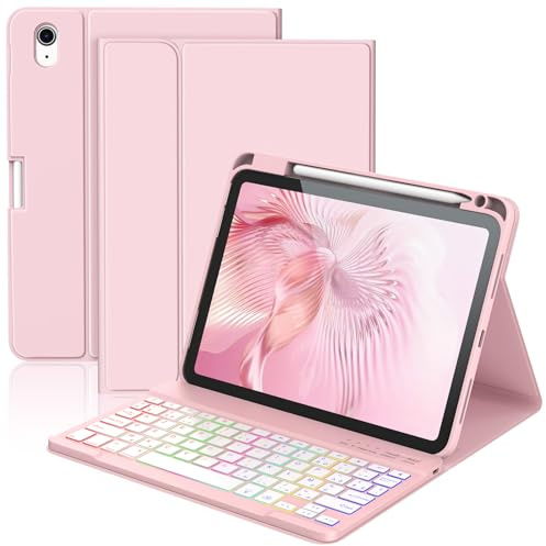 KBCASE Coque Clavier pour iPad A16 11/10 Ème Generation (11 Pouces 2025/10.9 Pouces 2022) Étui Keyboard Bluetooth pour iPad 10eme/11eme avec 7 Couleurs Rétroéclairées,Porte Crayon,AZERTY Français,Rose