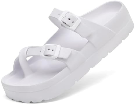 Waysoland Plattformssandaler för kvinnor med fotvalvstöd, bekväma glidskenor tjocka sulor, platta sandaler med justerbart spänne och ultrakudde, Vitt, 40 EU