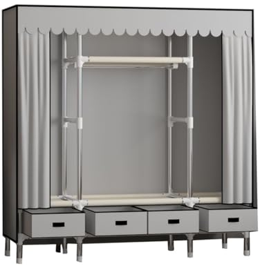 Kleiderschrank zum Aufhängen von Kleidern, Garderobe aus Metall, Kleiderschrank mit Zwei Vorhängen und Aufbewahrungsbox, tragbarer Kleiderschrank, freistehender Kleiderschrank mit Oxford-STO