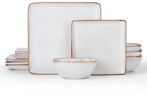 E-far Square Plates and Bowls Sets, 12-Piece Stoneware Dinnerware Sets for 4, Reactive Glaze Dish Set, Chip and Scratch Resistant, Microwave and Dishwasher Safe, Seashell White