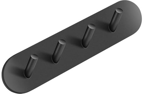MACOLE Self Adhesive 4 Hooks Rack, Extra Strong Stick On, Heavy Duty Stainless Steel, No Drill Rustproof, Sticky on Wall Door for Towel Coat Keys Bag in Entrance Kitchen Bedroom Bathroom, Black