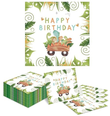 Kotkiddy 24 Servietten Dinosaurier - Tiere Blau Grün - Waldtiere Geburtstag 33x33cm