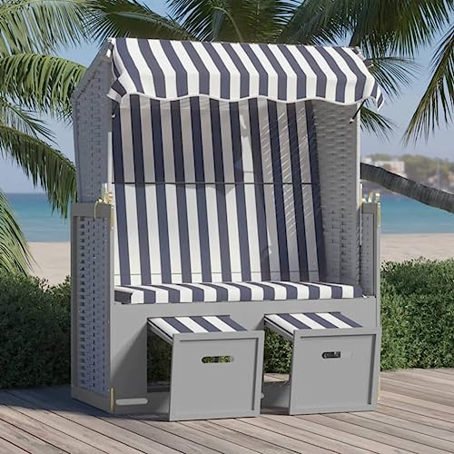 Willood Strandkorb mit Dach Poly Rattan und Massivholz Blau & Weiß