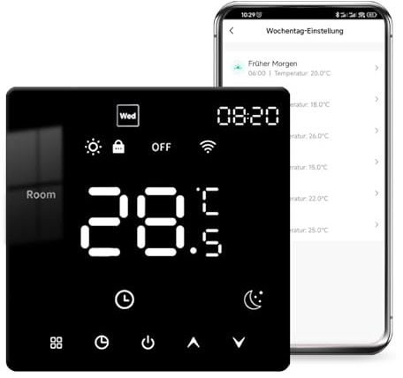 Arpokcoe WiFi Thermostat Fussbodenheizung Für Wasser Fußbodenheizung | Programmierbar Raumthermostat, Thermostate Heizung kompatibel mit Alexa, Google Home, Tuya, 230V Schwarz