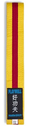 Playwell Ceinture d'arts martiaux en coton coloré avec différentes bandes de couleur – (karaté, judo taekwondo), Ceinture jaune avec rayures rouges, 220cm