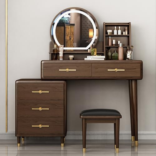 Modernes Schminktisch-Set mit 3-farbigem Touchscreen, beleuchtetem Spiegelhocker, 2 Schubladen, Beistellschrank und gepolstertem Hocker, Schlafzimmermöbel für Make-up und Aufbewahrung (79,8 x 39,9 x