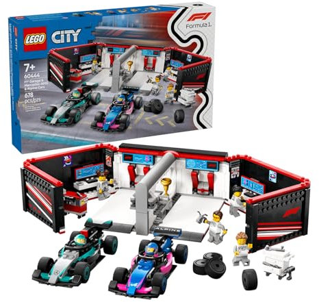 LEGO City F1 Garage & Mercedes-AMG & Alpine Cars - Toy Formula 1 Racing Vehicles Set with 2 Drivers & 4 Mechanic Minifigures - Gifts for 7+ Year Old Boys & Girls or Adult Fans - 60444