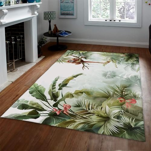 BYLEEHOMED Tropischer Dschungel Bereich Teppich 200x300cm Wilde Tiere AFFE Waschbarer Teppich Palme Monstera Pflanzen leicht 200x300cmReinigung Antirutschmatte für Schlafzimmer