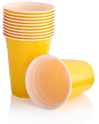 Persy Party Reusable Beer Pong Cups for Party (25 Pack) - Colourful Easy Grip 16oz Plastic Cups - BPA-Free & Shatterproof Plastic Drinking Cups for Beer, Cocktail, Soda & Cold Drinks - Yellow