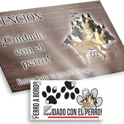 Pastor Belga Malinois Cartel Cuidado Perro Peligroso 20x12,5cm - Diseño Madera Marrón Dibond con Pegatina Coche 20x5cm