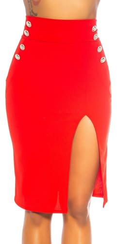 krautwear Damen Bleistiftrock Minirock High Waist Rock mit Schlitz und DekoKnöpfen für Party Club Alltag (rot, XL)
