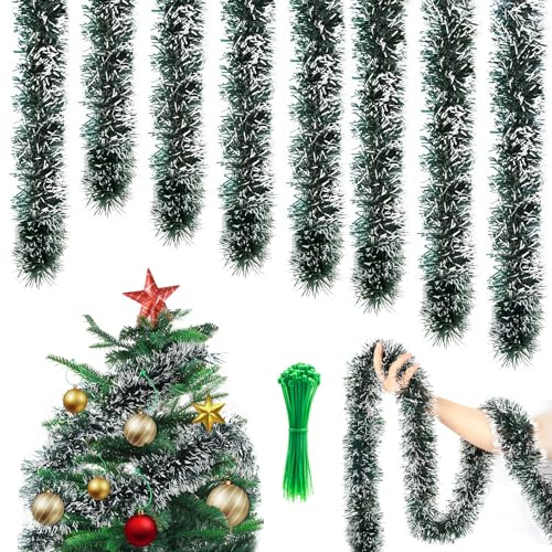 UBERMing 8 Pcs Guirnalda de Navidad, Guirnalda de Oropel Navidad de 16 M con 50 Bridas Verdes para Escalera Chimenea Puertas y Ventanas