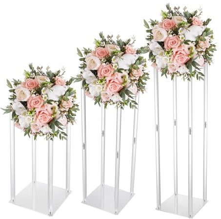 CHIMHOON 40 + 60 + 80 cm soporte de flores acrílico transparente para boda, jarrón con cintas de columna, soporte para exhibición de flores, 3 unidades, jarrón acrílico para bodas, fiestas de