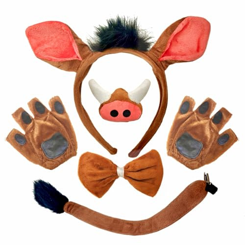 5 Stück Warzenschwein Kostüm Set, Ohren Nase Handschuhe Schwanz Fliege Tierkostüm Cosplay für Halloween - Partyzubehör Geburtstagsparty Karneval Dschungelparty Weihnachten Performance Requisiten