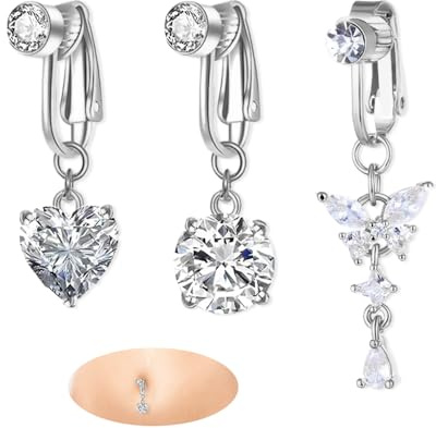 YZROHYI 3 Piezas Piercing Ombligo Falsos Clip,Piercing Ombligo Acero Quirurgico,Pirsin Ombligos,Belly Button Piercings Colgante,Anillo Ombligos Acero Inoxidable,Piercings Ombligoes Joyería para Mujer
