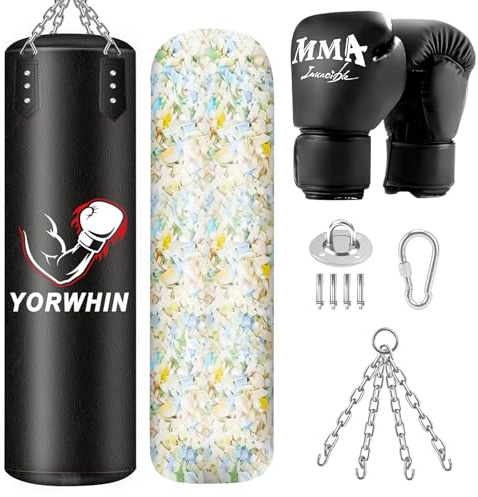 YORWHIN Sacco da Boxe Riempito per Uomini e Donne, Sacco da Boxe Appeso con con guanti e 5 kg di imbottitura in schiuma