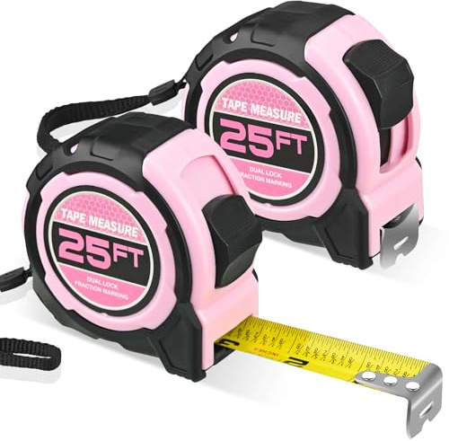 2-Pack Pink Tape Measure 25ft Only Inches, Retractable Measuring Coated Tape with Belt Clip & Rubber Grip, Measure 25FT with Fractions 1/8, Accuracy 1/32 with Easy Read Blade for DIY, Industrial, Home