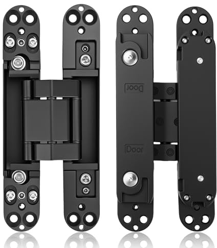 MEKOTRIN 2 Pack 6 Inch Hidden Door Hinges Black Concealed Hinges Heavy Duty Gate Hinges, 180 Degree Swing, 3-Way Adjustable, Invisible Hinges for Bookcase Bifold Swing Door
