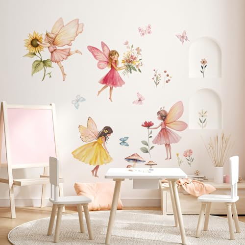Cyberwork Wandtattoo Kinderzimmer Mädchen Feen Blumen Schmetterling Wandsticker Set, 4 Bögen PVC Wandaufkleber, Wasserdicht & Selbstklebend, Elfen Wanddeko für Babyzimmer & Schlafzimmer 30×19 cm