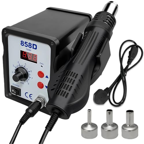 858D Heißluft Lötstation 700W mit Digitalanzeige, SMD Entlötstation Heißluftlötstation mit einstellbarer Temperatur 100–450°C, 3 Düsen, Auto Start/Stop Funktion, Rework Station für Löten und Entlöten