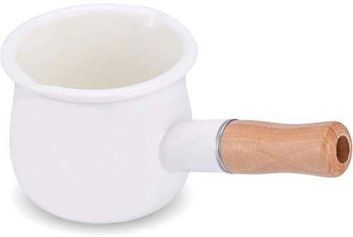 Pentolino Latte Induzione Pentola for il latte in smalto, piccola casseruola, scaldaburro, casseruola da 4 pollici e 17 once con manico in legno, dimensioni perfette