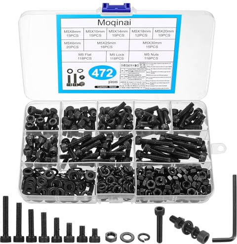 472 Pcs M5 Screw Set,M5 Bolts and Nuts Set, Black Carbon Steel Hex Socket Cap Screws with Nuts and Washers, Machine Screws Assortment, Threaded Fasteners Kit for Bikes, DIY & Repairs
