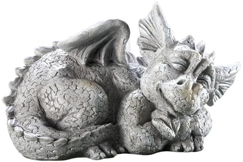 Fhlprte Steinfigur Drache Gonzo,Kleiner antiker DracheGartenfigur,30 X 23 X 26CM Steinfigur,frostfest wetterfest,Grau,Brunnenfigur für Garten-Teich Mini-Teich,für Außenbereich