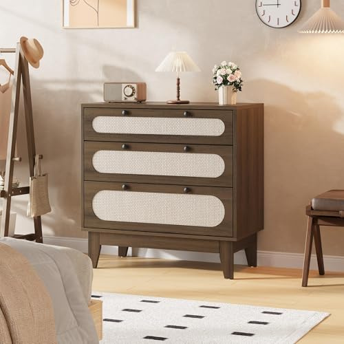 Garvee Kommode mit 3 Schubladen, Sideboard Holz mit Natur-Rattan, Wiener Geflecht Schrank für Schlafzimmer & Wohnzimmer, Boho Aufbewahrungsschrank, Schubladenschrank Dunkelbraun, 80x40x79.5cm
