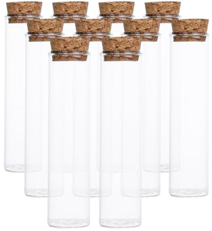 AMUSLESUR Lot de 10 Bouteilles en Verre avec Bouchon en Liège, Capacité 50ml, Étanchéité, Décorations pour Maison et Jardin, Flacons Multifonctions avec Bouchon en Bois
