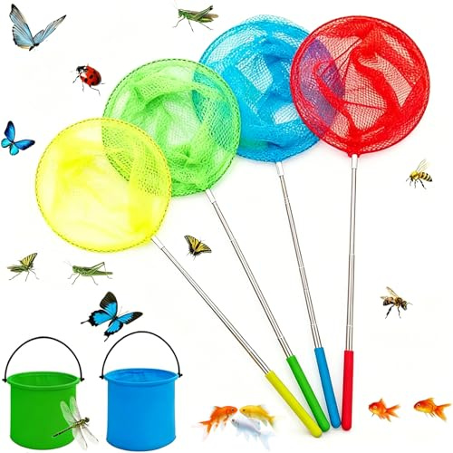 4 Pcs Extendable Fishing Nets with 2 Foldable Water Buckets Set | Telescopic Butterfly Net 37cm to 85cm,Colorful Insect & Fish Catcher with Fine Mesh for Beach, Ponds, and Outdoor Exploration