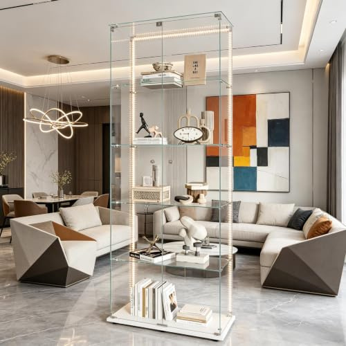 Glasställ med 5 hyllor 2 dörrar, vitrin på glasfot med LED och lås, modern vitrinskåp för samling av kolonnutställningsfönster vardagsrum (vit) - 1, 81 x 37 x 183)