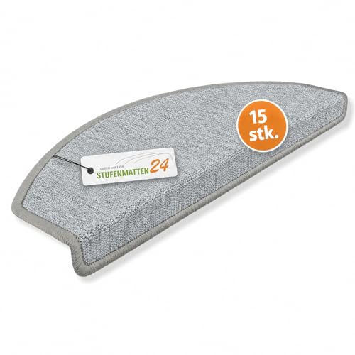 Kettelservice-Metzker Stufenmatten Treppe Rambo, 15er Set, halbrund, Grau, ca. 65 x 24 x 4 cm, Flor 6 mm, Trittschall ~20 dB, Polypropylen, PVC-Winkel, gekettelte Kanten