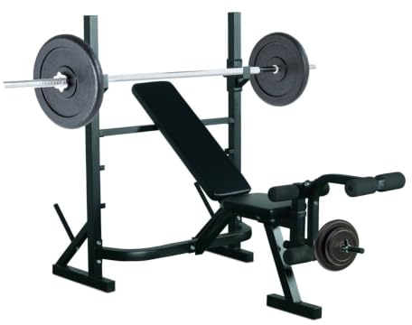 HOMCOM Banco de Pesas con Soporte Barra de Pesas Altura Ajustable Negro | Multifuncional, 3 Niveles, Carga 300 kg, Entrenamiento Fitness de Cuerpo Completo