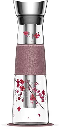 Eigenart Eve Cherry Blossom Karaffe aus Glas mit Deckel, Sieb und veganer Kunstleder-Manschette und Untersetzer, BPA frei, 1,25L, 31000